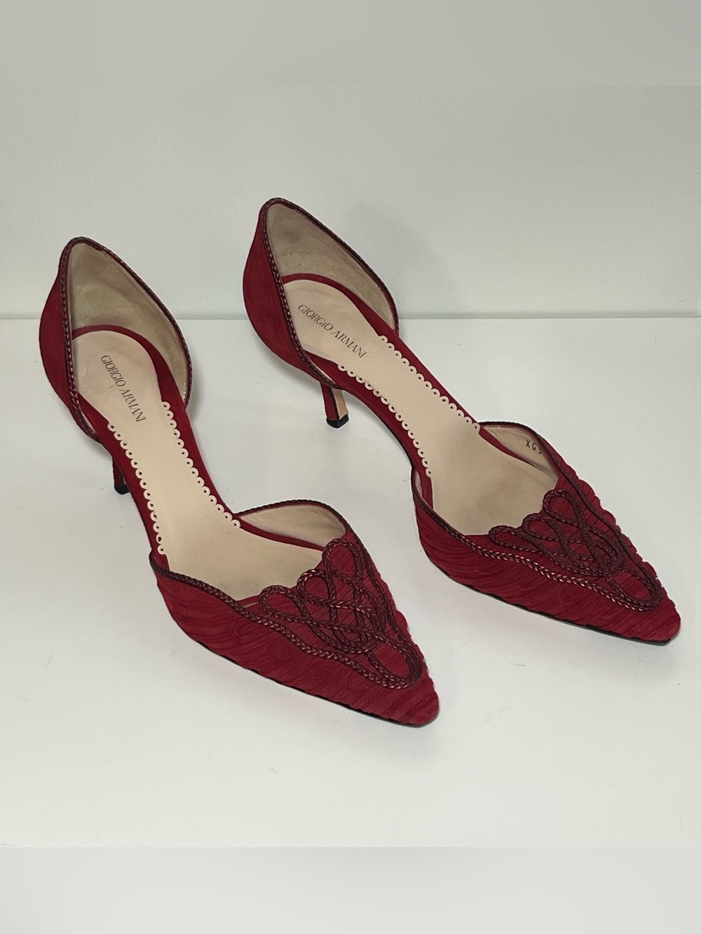 Giorgio Armani Red Suede Pointed Toe Heels Intricate Braided Detail US Size 9.5